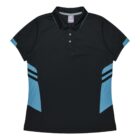 A black polo shirt with short sleeves, featuring light blue side panels and two parallel black stripes on each side. The shirt has a buttoned placket and a classic collar.