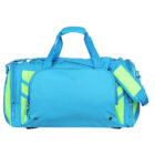A bright blue duffel bag with neon green accents, featuring multiple zippered compartments, two handles, and an adjustable shoulder strap.