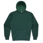 A plain dark green hoodie with a front pocket and hood is laid flat. It features long sleeves and a comfortable, relaxed fit, suitable for casual wear.
