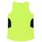 A sleeveless neon yellow athletic tank top with black panels on the sides. The design features a round neckline and a slightly curved hem. The fabric looks lightweight and breathable, suitable for sports or casual wear.