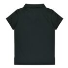 Back view of a plain dark green short-sleeve polo shirt with a classic collar. The shirt is laid flat, showing its simple design and texture.