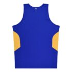 A blue sleeveless athletic tank top with two yellow panels on the sides, displayed on a plain white background.