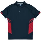 A dark navy polo shirt with red accents on the sides and stripes on the sleeves. The shirt has a collar and a two-button placket.