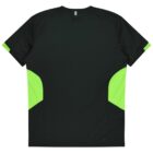 A short-sleeved athletic shirt featuring a black body with bright green accents on the sides. The shirt has a simple design and appears lightweight. The back view emphasizes its sporty style and contrasting color panels.