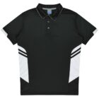 A black short-sleeve polo shirt with a collar and three buttons. It features white and gray diagonal stripes on the sides, adding a sporty touch to the design.