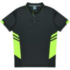 A black polo shirt with vibrant neon green accents on the sleeves and sides. It features a three-button placket and a collar with green lining. The shirt has a sporty design with black stripes intersecting the green sections.