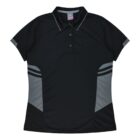 A black polo shirt with a collar and three buttons. It features gray accents on the sleeves, sides, and a section near the hem, along with two gray horizontal stripes on the upper sleeves.