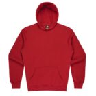 A plain red hoodie with a front pocket and long sleeves, displayed on a white background. The hoodie has a drawstring hood and ribbed cuffs and hem.