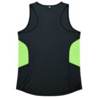 A black sleeveless athletic tank top with bright green panels on the sides, viewed from the back. The design is simple, featuring a rounded neckline and smooth fabric.