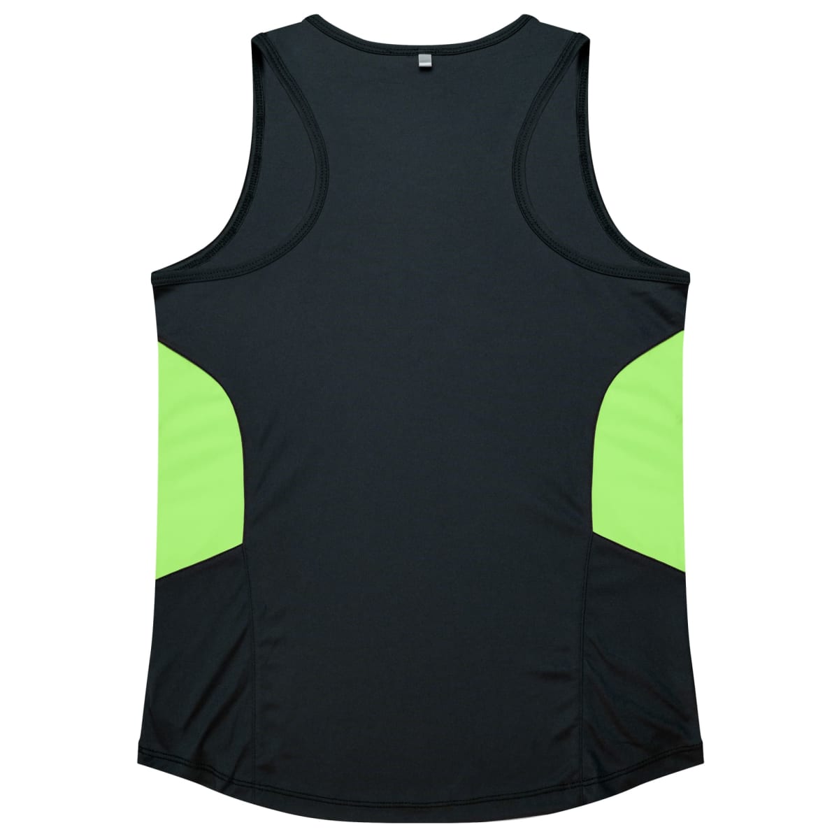 A black sleeveless athletic tank top with bright green panels on the sides, viewed from the back. The design is simple, featuring a rounded neckline and smooth fabric.