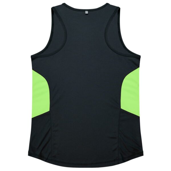 A sleeveless black athletic tank top with bright green panels on the sides, displayed from the back. The shirt is plain with no visible patterns or logos.