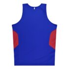 A blue sleeveless athletic jersey with red panels on the sides, displayed on a white background. The back of the jersey is shown.