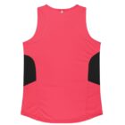 A pink sleeveless tank top with black accents on the sides. The back view shows a simple design with a plain pink upper area and contrasting black details towards the sides. The top has a rounded bottom edge.