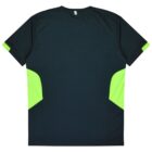 A black T-shirt with bright green accents on the sides and sleeves, displayed on a plain white background. The design is simple and sporty.