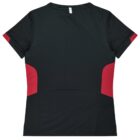 A black T-shirt with red side panels and short sleeves, viewed from the back.