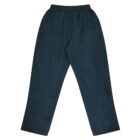 A pair of dark teal sweatpants with an elastic waistband, side pockets, and straight legs are laid flat against a white background.