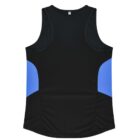 A black sleeveless athletic shirt with blue side panels, displayed on a white background, showcasing the back view.