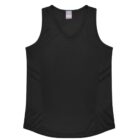 A black sleeveless athletic top with a V-neck design. The top features subtle side panel details and a small tag at the neckline. The fabric appears lightweight, suitable for sports or casual wear.