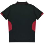 A black short-sleeve shirt with red accents on the sides and sleeves, featuring a simple collar. The shirt is displayed from the back view.