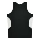 A sleeveless athletic jersey in black with white panels on the sides, displayed on a plain white background. The back view shows a simple and sleek design, suitable for sports or casual wear.