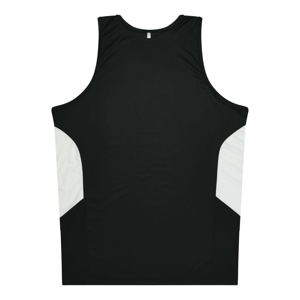 A sleeveless athletic jersey in black with white panels on the sides, displayed on a plain white background. The back view shows a simple and sleek design, suitable for sports or casual wear.
