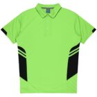 A vibrant lime green polo shirt with a collar and buttons, featuring black accents and sporty stripe designs on the sides, neatly laid flat.