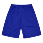 A pair of plain blue athletic shorts with an elastic waistband, laid flat on a white background.