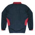 Back view of a long-sleeved jacket with a dark blue body and red accents on the sides, collar, and cuffs. The fabric appears smooth, and the jacket has a casual design.