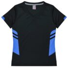 A short-sleeve athletic shirt with a black body and V-neck. It features blue panels on the sides and sleeves, with black stripes on the side panels.