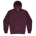 A maroon hooded sweatshirt with a front pocket and ribbed cuffs and hem. The hood is up, and the garment is laid flat for display.