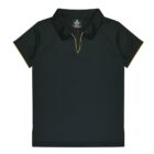 A dark green polo shirt with a black collar and thin yellow trim on the sleeves. The shirt features a V-shaped neckline without buttons.