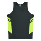 A black sleeveless athletic shirt with neon green side panels and subtle stripe accents, displayed on a white background.