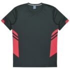 A dark green athletic shirt with short sleeves, featuring red and black geometric patterns on the sides. The shirt is displayed on a plain white background.