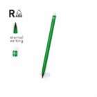 A green, cylindrical writing tool with a white eraser and a sharp black tip. The words eternal writing and R abs with a recycling symbol are displayed.