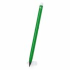 A large inflatable green pencil with a white eraser tip and a black pointed tip, standing upright on a transparent base.