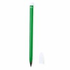 A green pencil-shaped pen with a white eraser cap at the top and a small, detached white cap lying nearby on a white background.