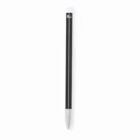 A black and white pen with a sleek design is positioned vertically against a plain white background.
