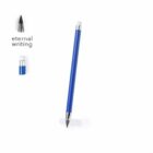 A blue mechanical pencil with a modern design, featuring a sharp graphite tip and an eraser at the opposite end. The image includes text stating eternal writing, and smaller images showing close-ups of the tip and eraser.