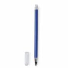 A blue mechanical pencil with a silver clip and eraser top is shown vertically. The pencil tip is exposed, and a clear plastic cap rests beside it on a white background.