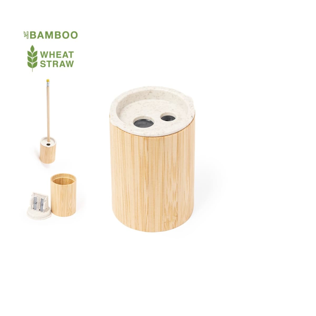 A sustainable bamboo and wheat straw toothbrush holder with a toothbrush and soap dispenser, featuring eco-friendly icons.