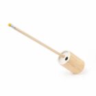 A wooden toilet brush with a long, light brown handle and a cylindrical wooden holder, angled slightly to the left.