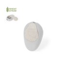 A small, oval-shaped, gray sharpener with a large white button in the center. The inset image shows the sharpener open with visible blades, and a Wheat Straw label above, suggesting eco-friendly material.