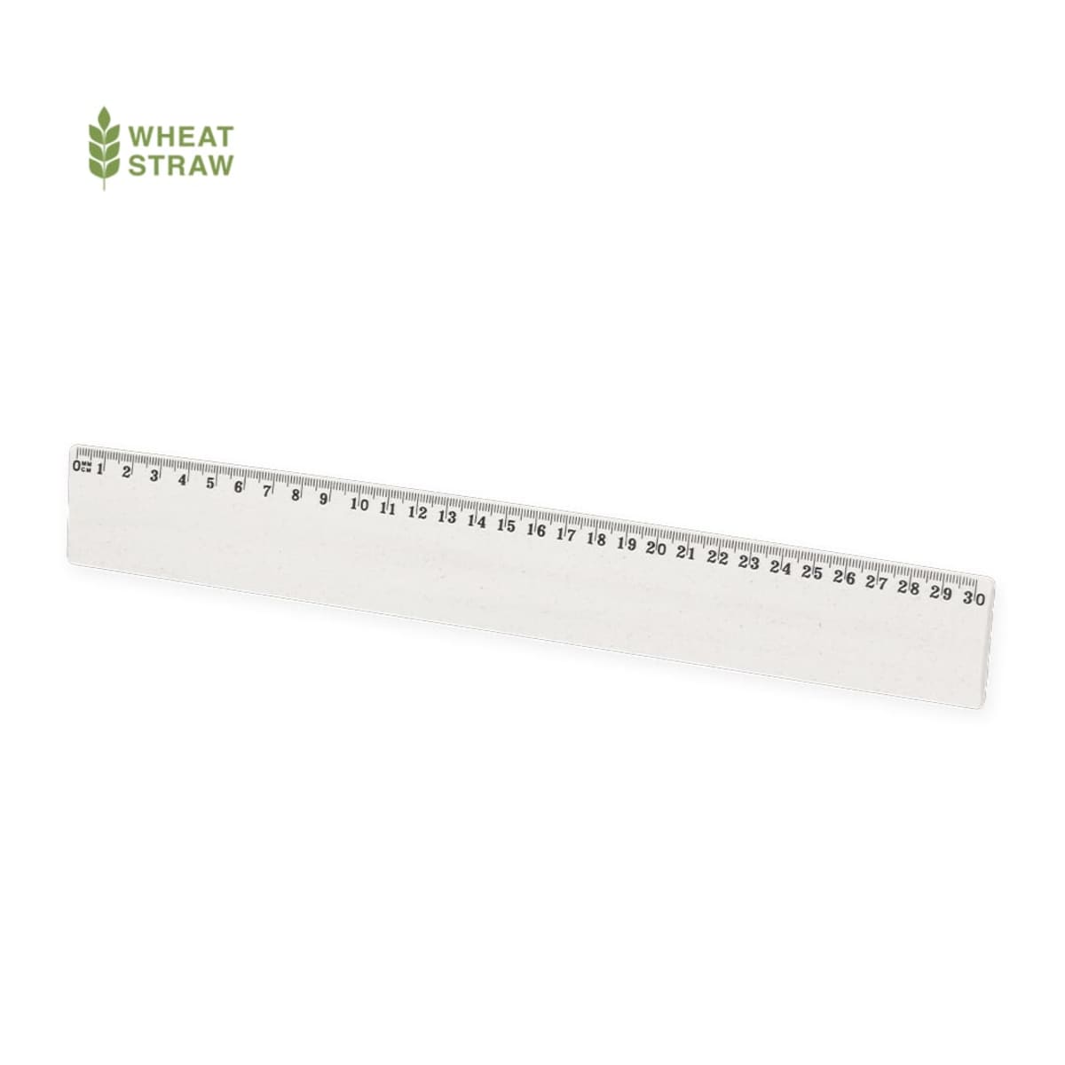 A transparent ruler made from wheat straw, marked with both metric and imperial measurements, is placed diagonally against a white background. The Wheat Straw logo is visible in the top left corner.
