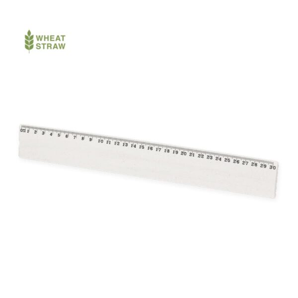 A transparent ruler made of wheat straw material, displaying measurements in centimeters from 1 to 30. The ruler sits diagonally on a white background. A small wheat straw logo is in the top left corner.