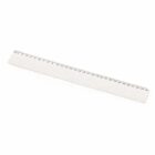 A transparent, plastic ruler displaying both centimeters and millimeters. The ruler is oriented diagonally against a white background, with markings clearly visible along its length.