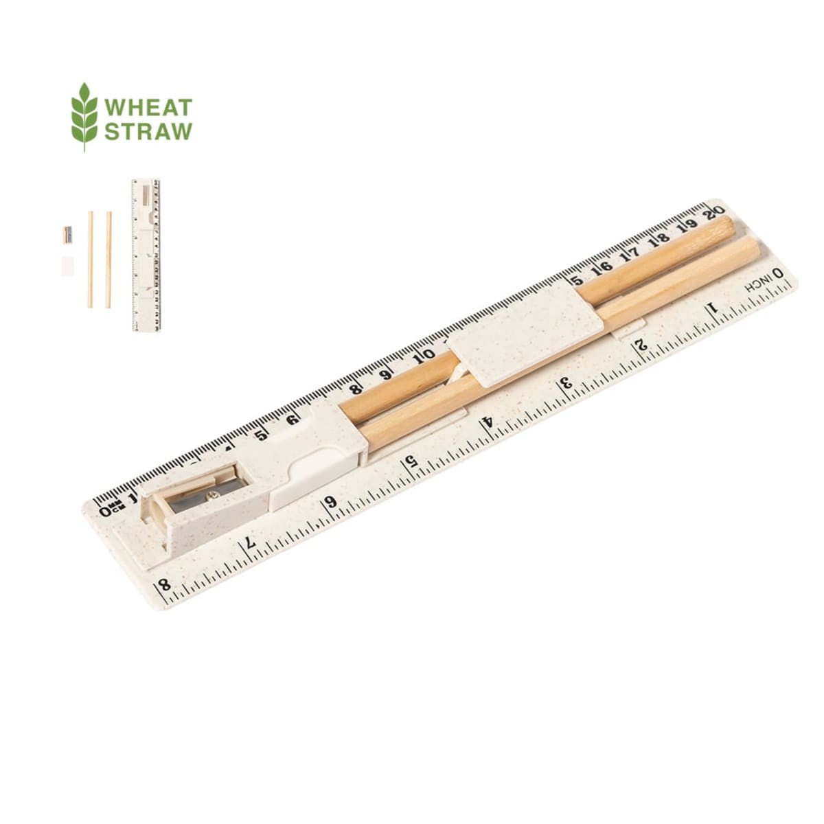 Multifunctional tool made from wheat straw featuring a ruler, pencil, pencil sharpener, eraser, and paper clips. The ruler has both centimeter and inch markings. The materials and components are shown separately on the top left.