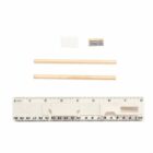 A set of drawing tools on a white background, including a ruler with measurements in inches, two wooden pencils, a pencil sharpener, and an eraser.