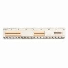 A white plastic ruler with both metric and imperial measurements is displayed. A sharpened pencil and a small metal sharpener are placed on top of the ruler.