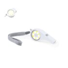 A small white whistle-shaped LED light with a gray wrist strap. The light features a circular arrangement of LED bulbs around a power button. The main item is shown in detail with a smaller image in the top left corner.