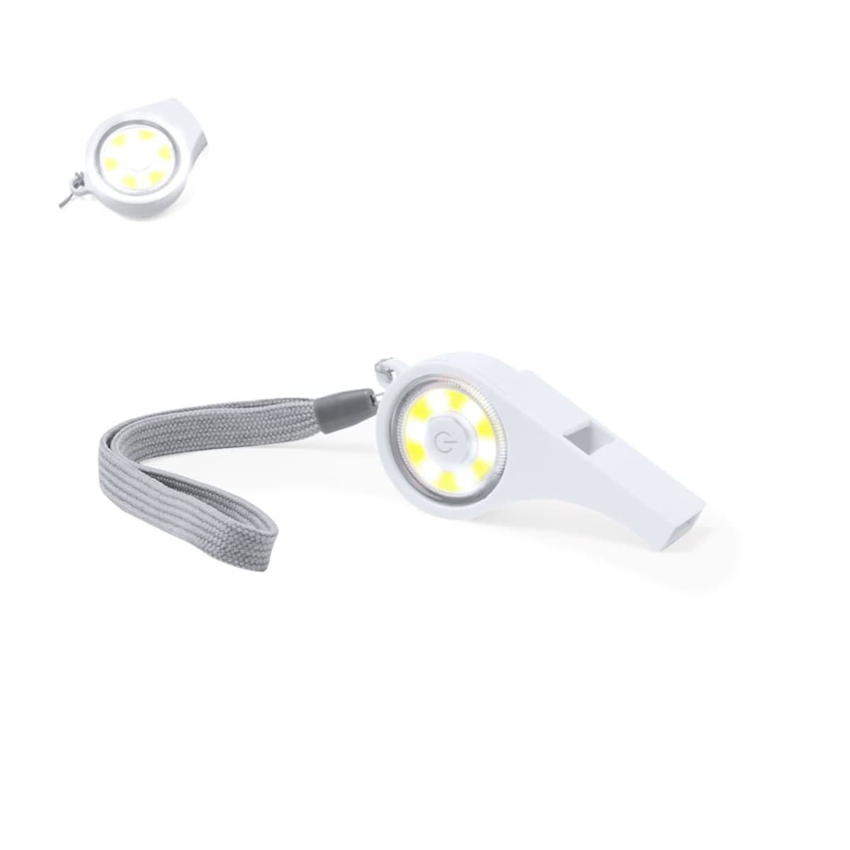 A small white whistle-shaped LED light with a gray wrist strap. The light features a circular arrangement of LED bulbs around a power button. The main item is shown in detail with a smaller image in the top left corner.